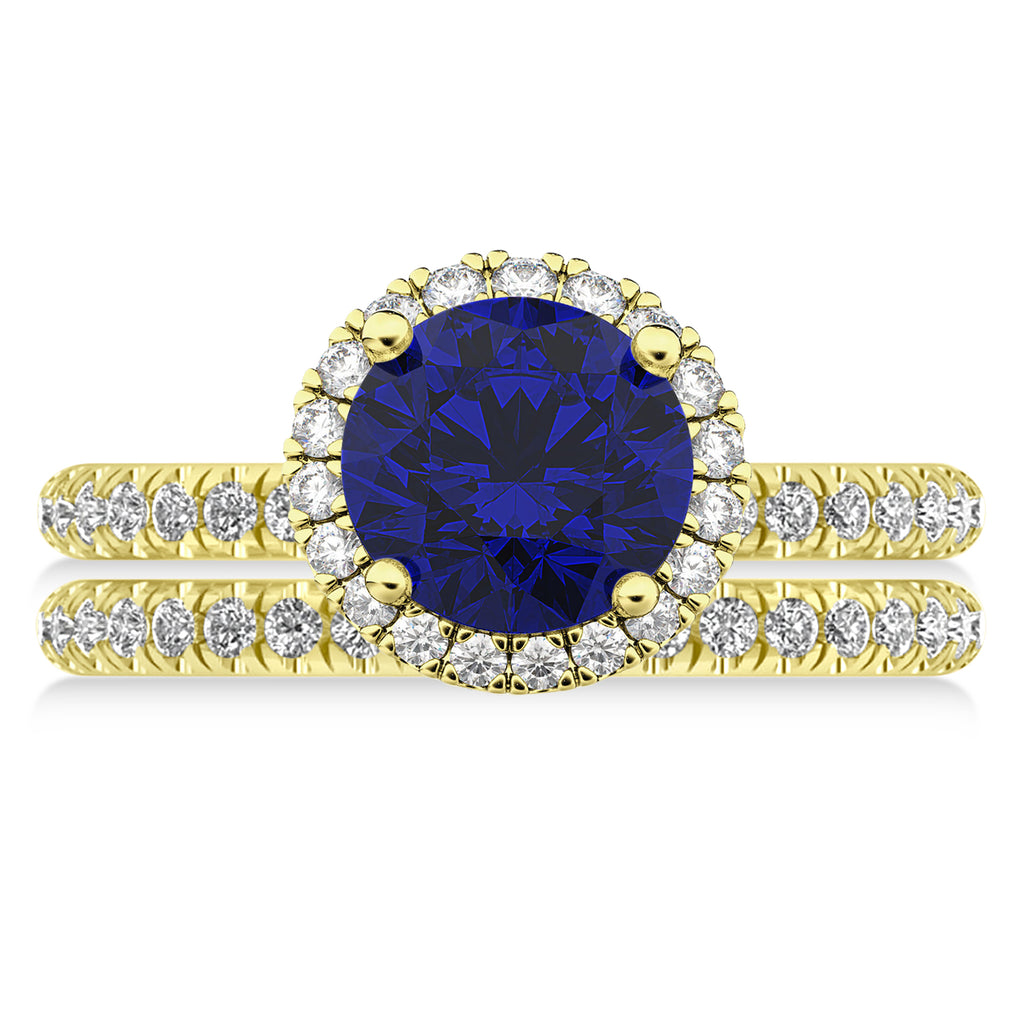 Blue Sapphire & Diamond Round-Cut Halo Bridal Set 14K Yellow Gold (3.07ct)