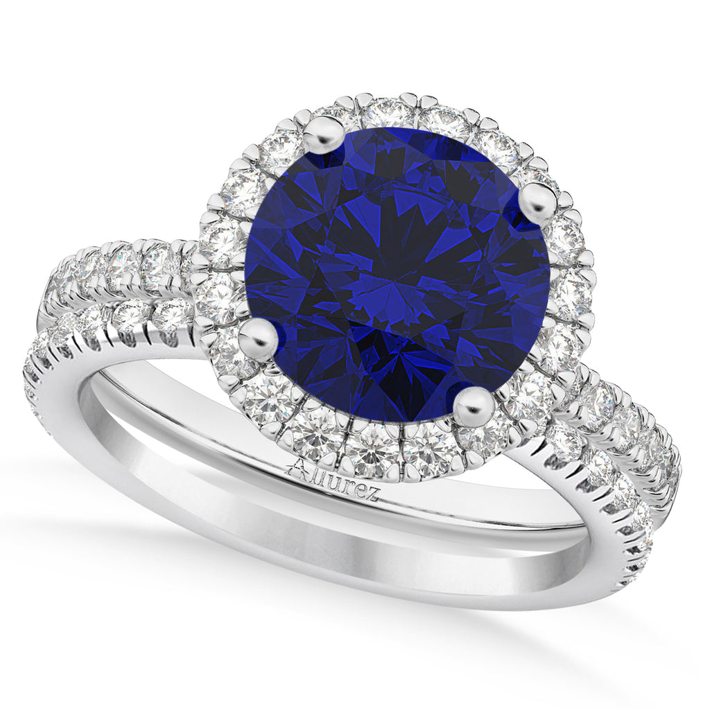 Blue Sapphire & Diamond Round-Cut Halo Bridal Set 18K White Gold (3.07ct)