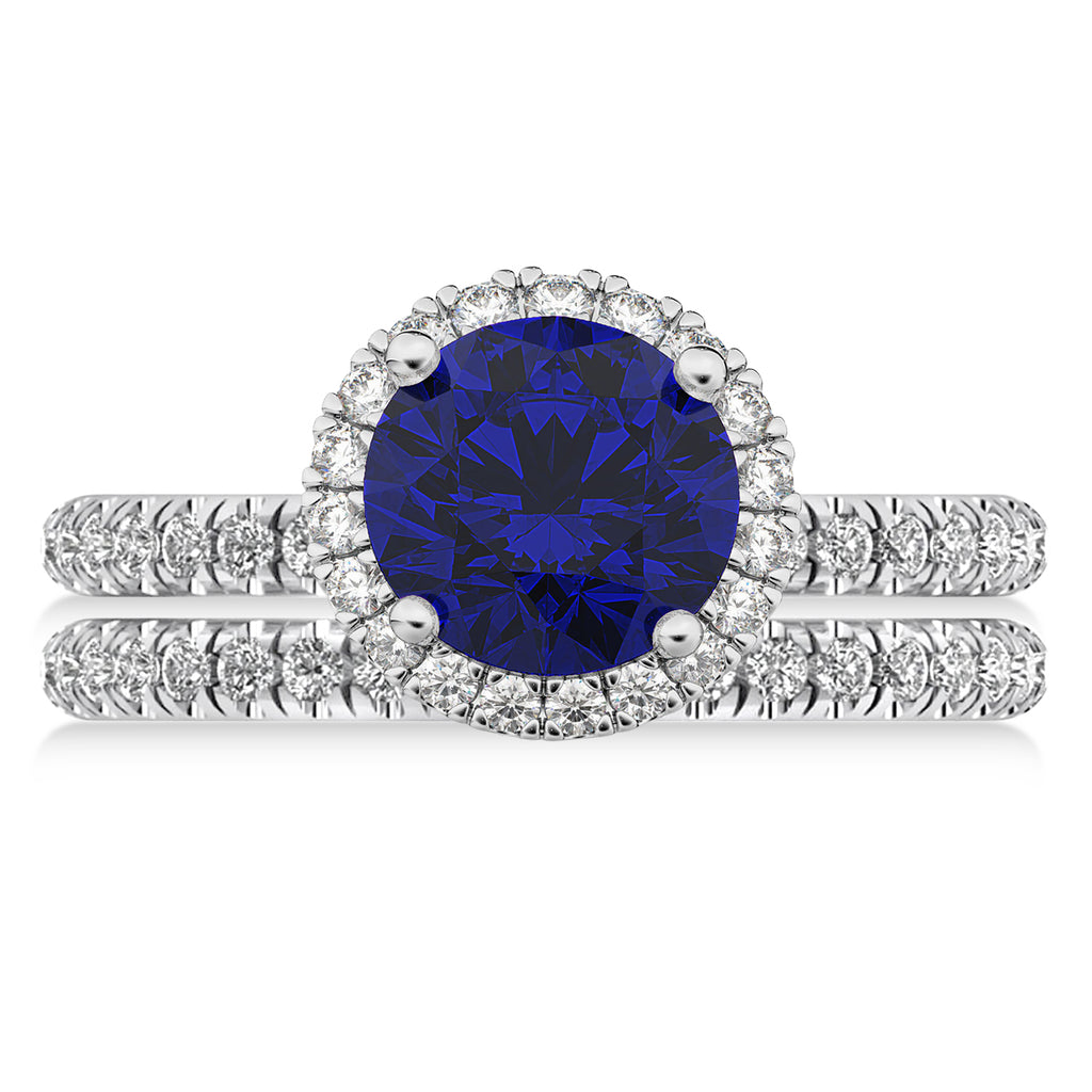 Blue Sapphire & Diamond Round-Cut Halo Bridal Set 18K White Gold (3.07ct)