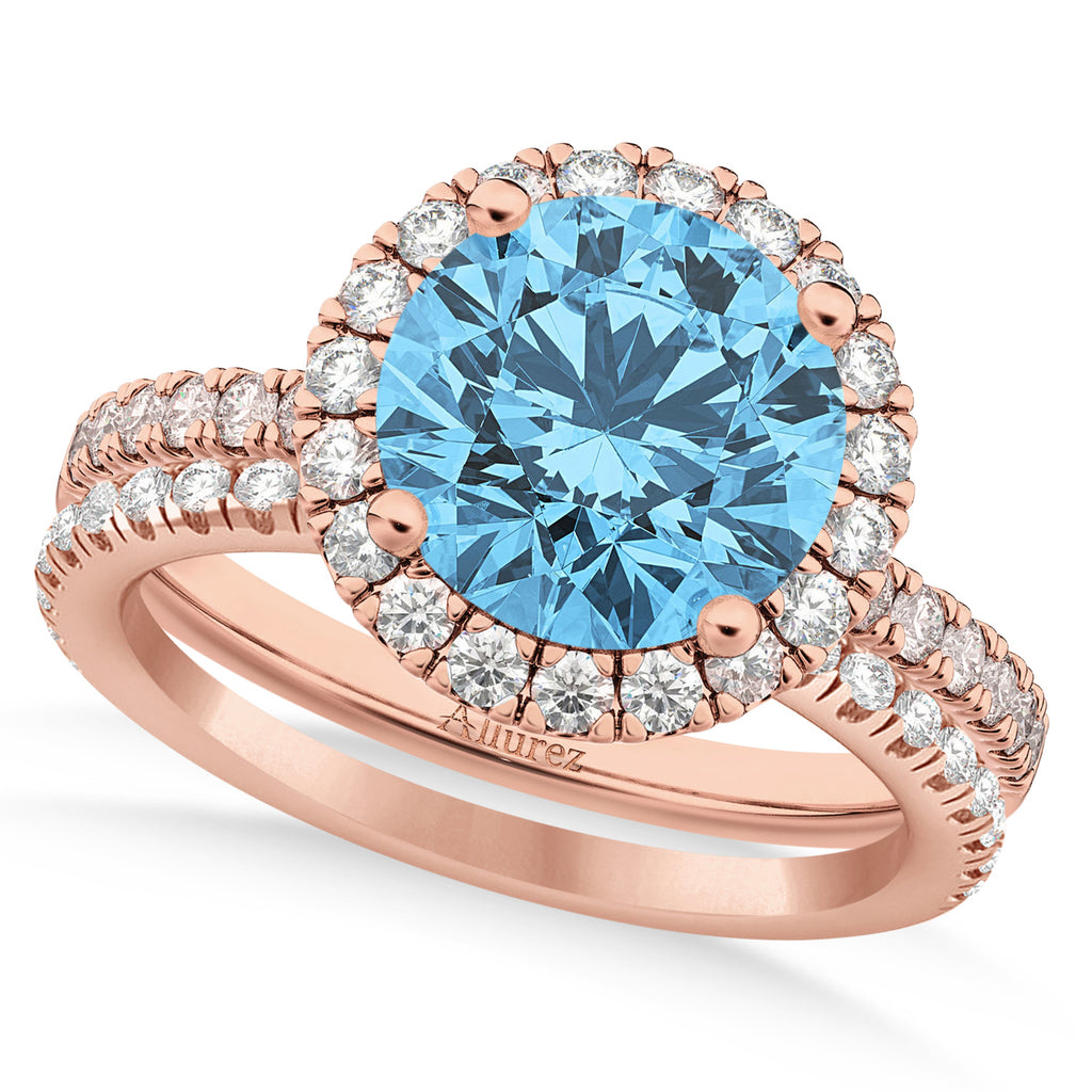 Blue Topaz & Diamond Round-Cut Halo Bridal Set 14K Rose Gold (3.27ct)