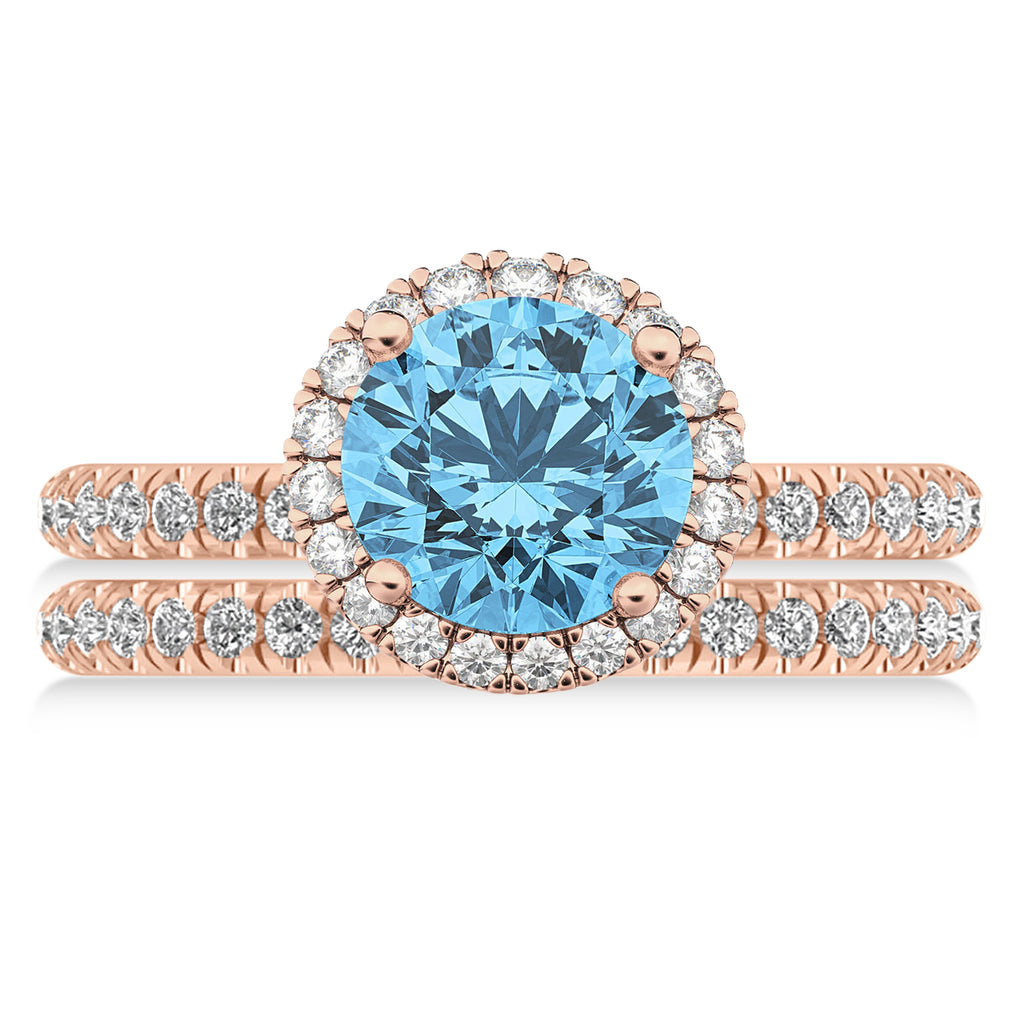 Blue Topaz & Diamond Round-Cut Halo Bridal Set 14K Rose Gold (3.27ct)