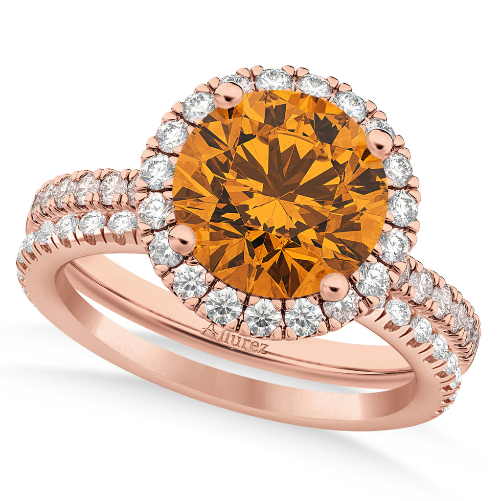 Citrine & Diamond Round-Cut Halo Bridal Set 14K Rose Gold (2.57ct)