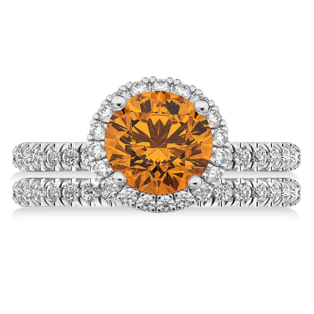 Citrine & Diamond Round-Cut Halo Bridal Set 14K White Gold (2.57ct)