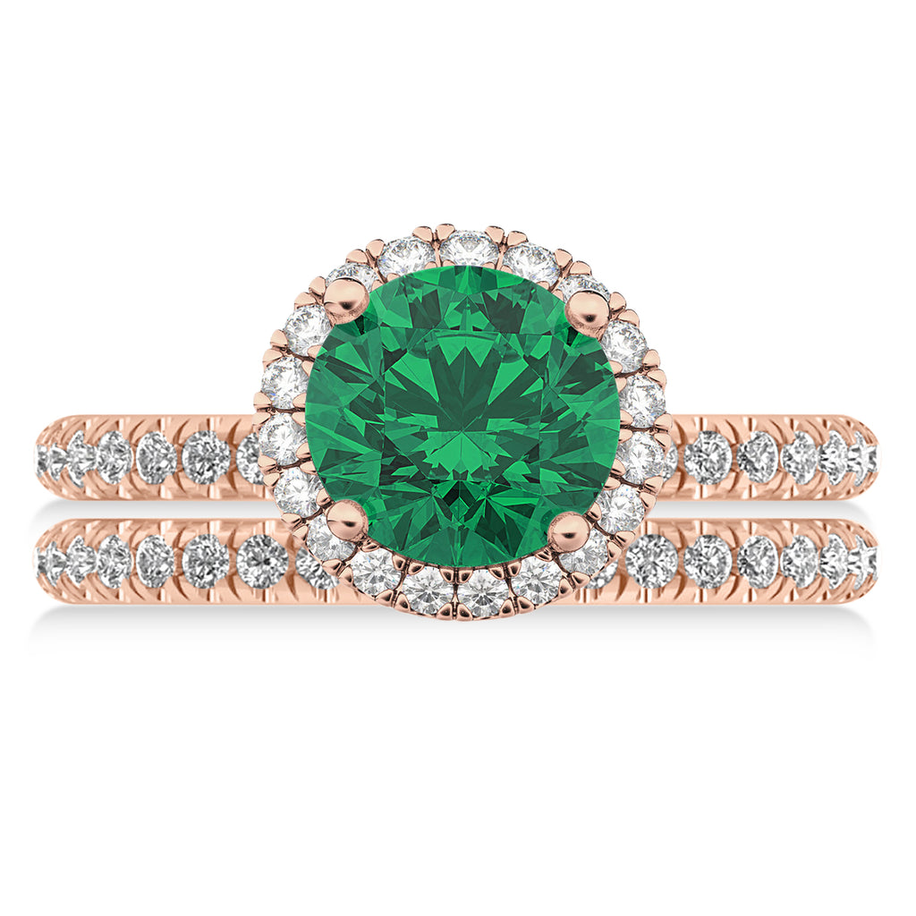 Emerald & Diamond Round-Cut Halo Bridal Set 14K Rose Gold (3.07ct)