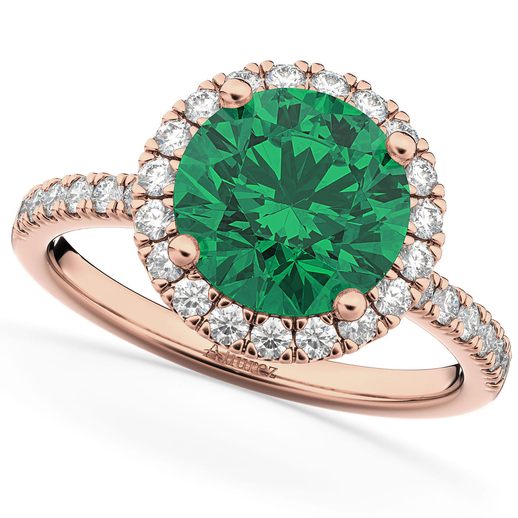 Emerald & Diamond Round-Cut Halo Bridal Set 14K Rose Gold (3.07ct)