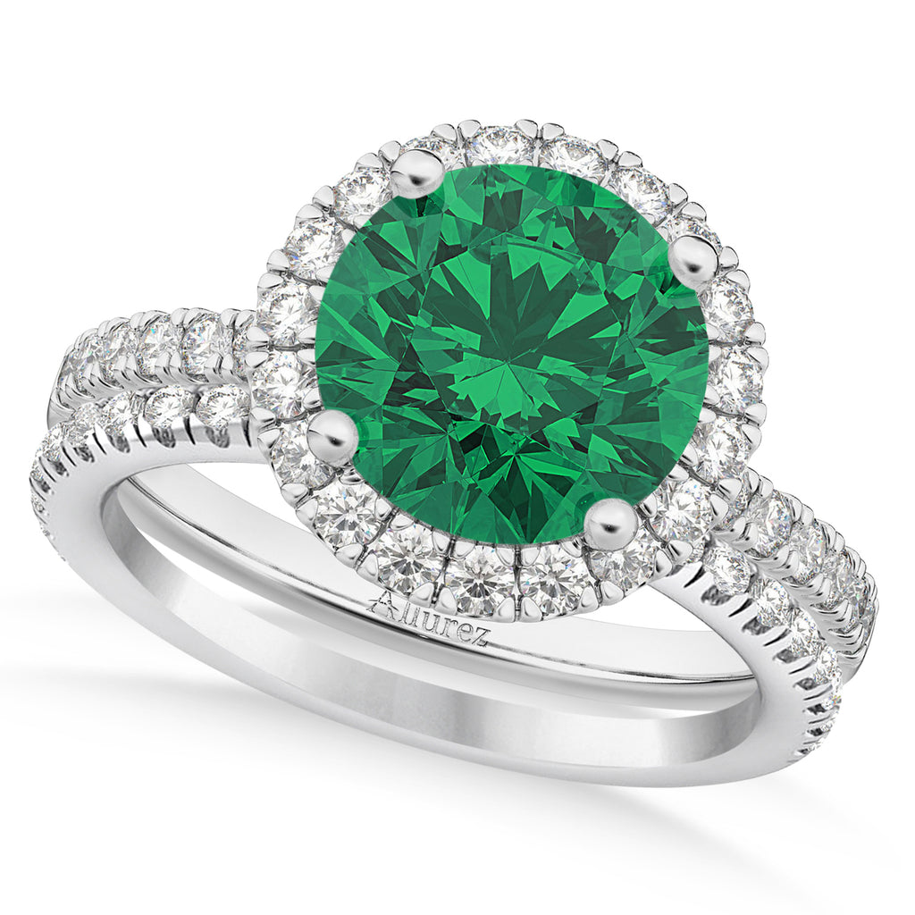 Emerald & Diamond Round-Cut Halo Bridal Set 14K White Gold (3.07ct)