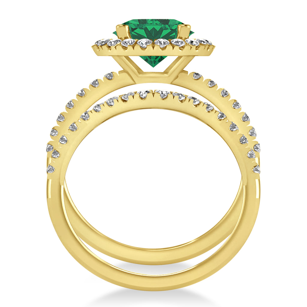 Emerald & Diamond Round-Cut Halo Bridal Set 14K Yellow Gold (3.07ct)