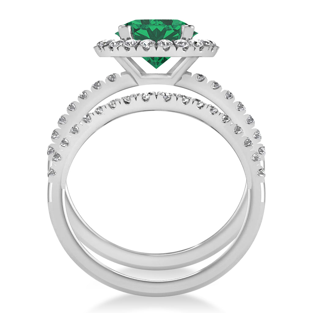 Emerald & Diamond Round-Cut Halo Bridal Set 18K White Gold (3.07ct)