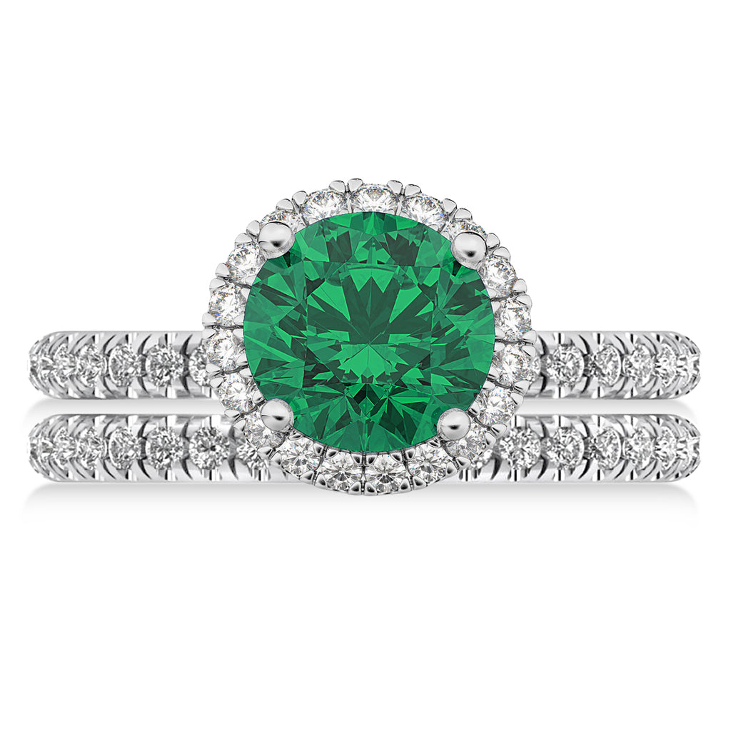 Emerald & Diamond Round-Cut Halo Bridal Set 18K White Gold (3.07ct)