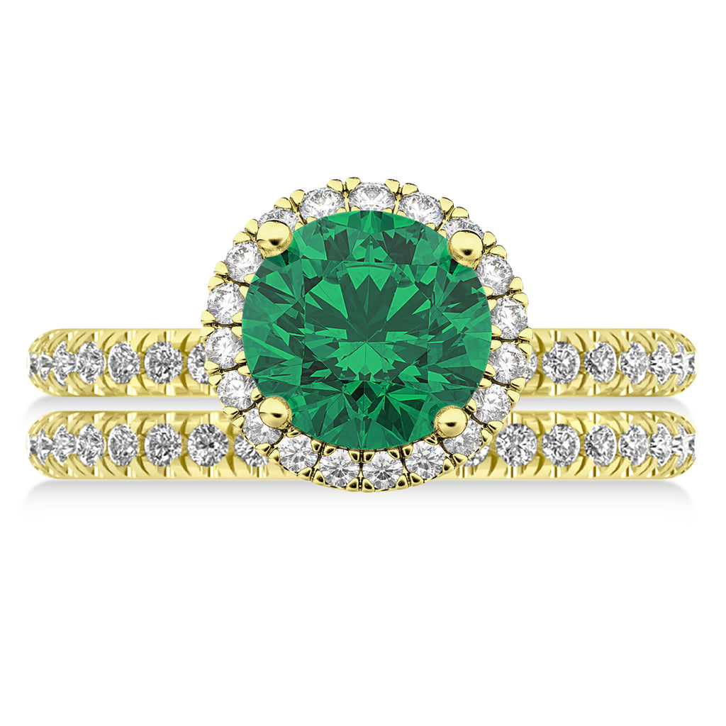 Emerald & Diamond Round-Cut Halo Bridal Set 18K Yellow Gold (3.07ct)