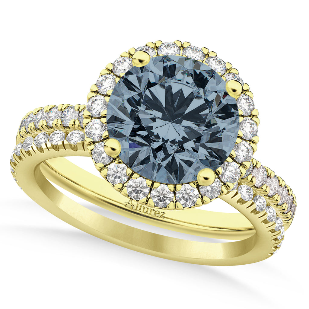Gray Spinel & Diamond Round-Cut Halo Bridal Set 14K Yellow Gold (2.17ct)