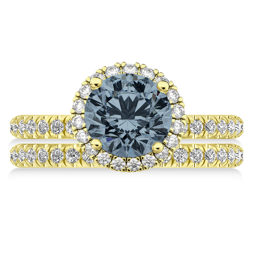 Gray Spinel & Diamond Round-Cut Halo Bridal Set 14K Yellow Gold (2.17ct)