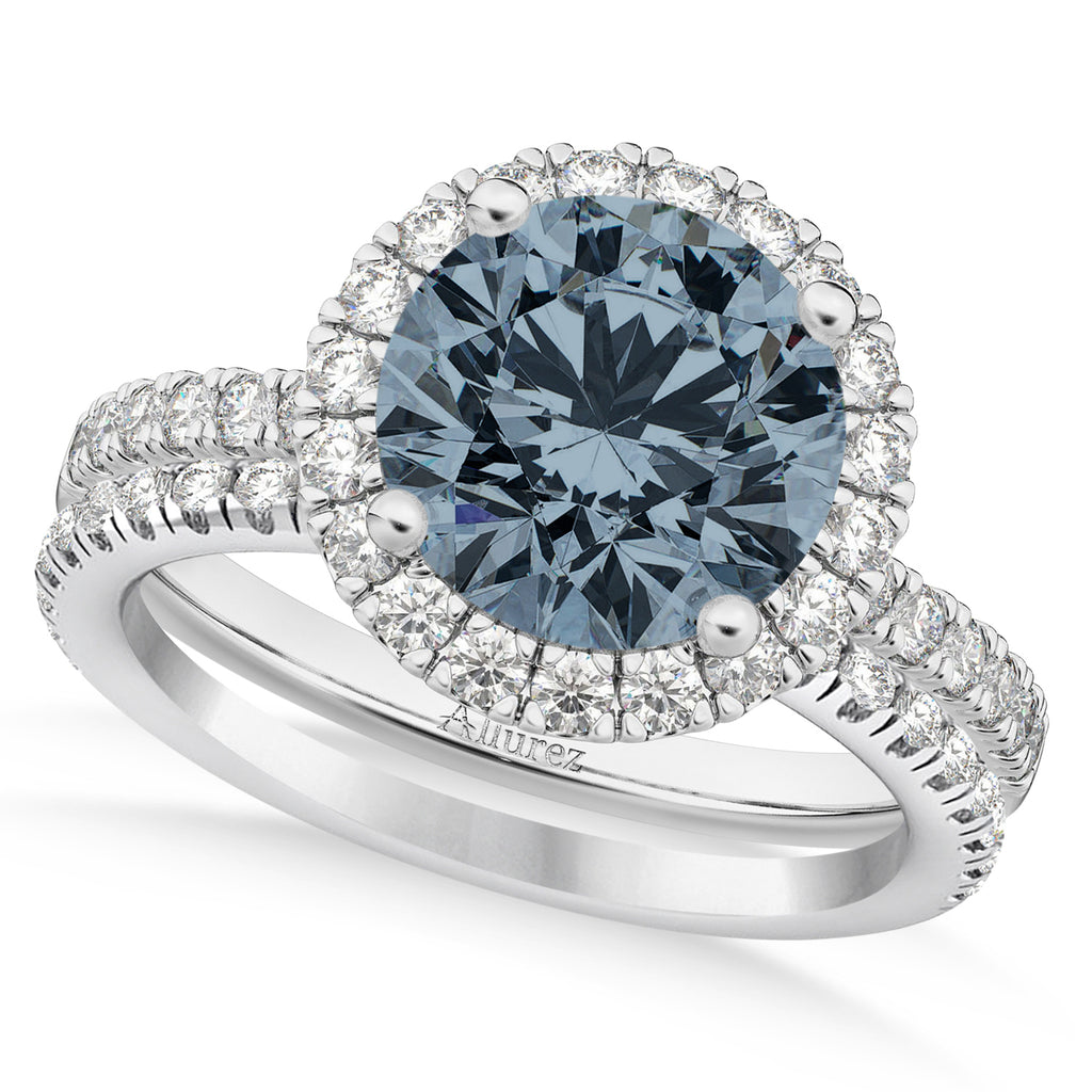 Gray Spinel & Diamond Round-Cut Halo Bridal Set 18K White Gold (2.17ct)