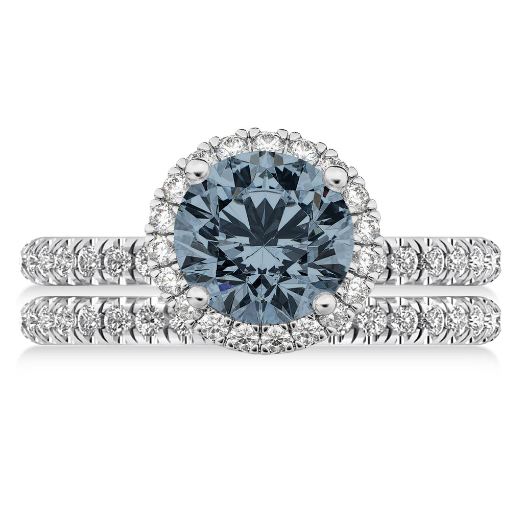 Gray Spinel & Diamond Round-Cut Halo Bridal Set 18K White Gold (2.17ct)