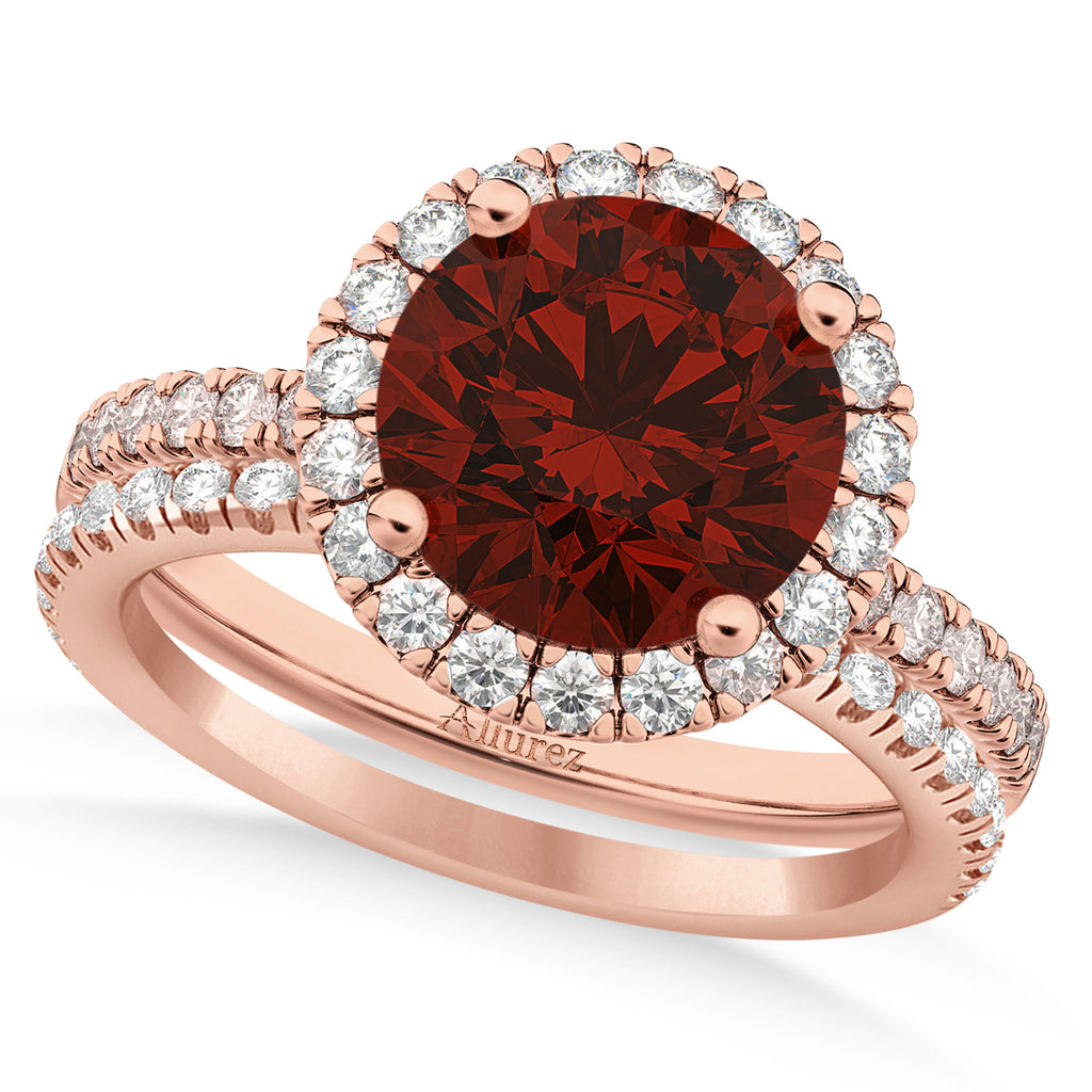Garnet & Diamond Round-Cut Halo Bridal Set 14K Rose Gold (3.27ct)