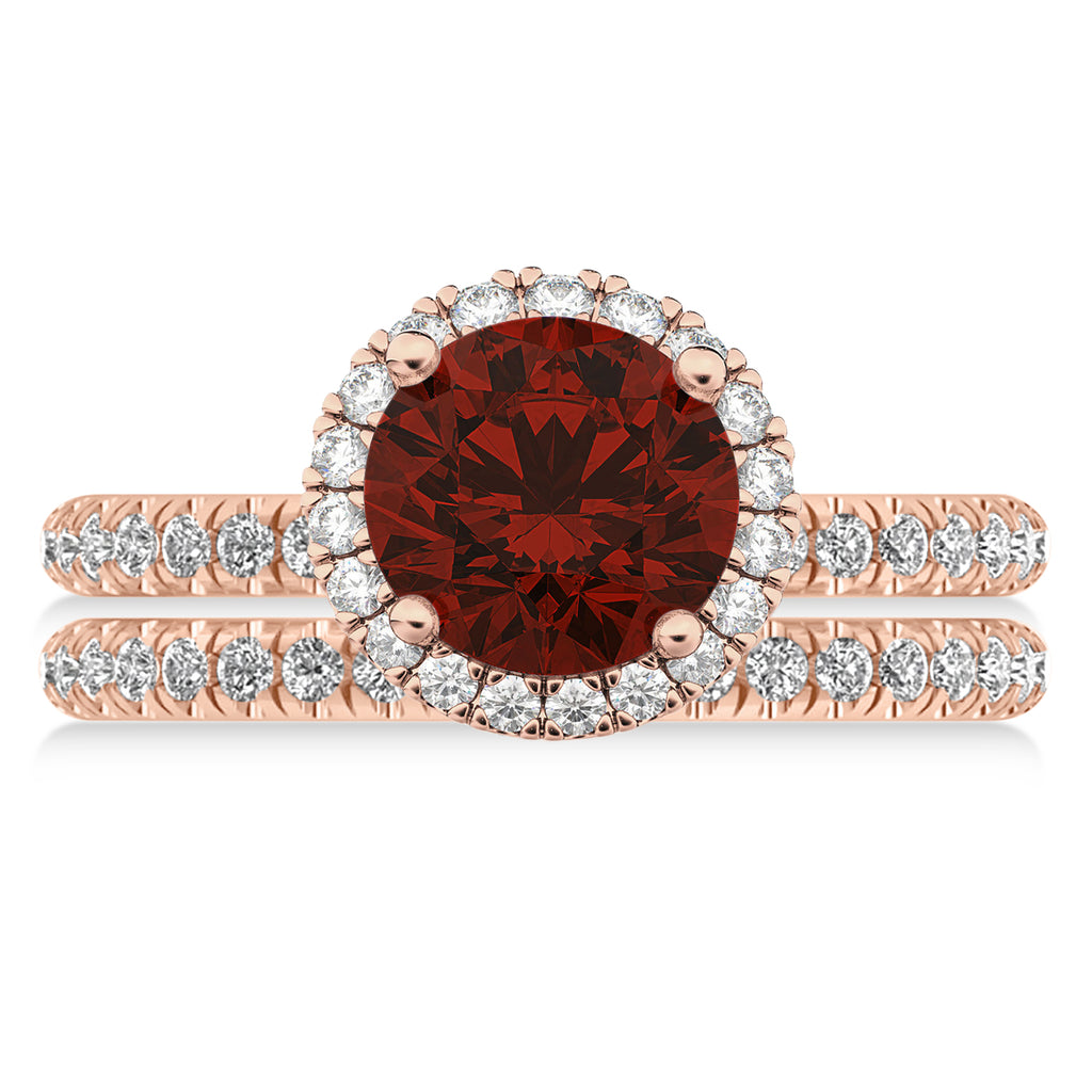 Garnet & Diamond Round-Cut Halo Bridal Set 14K Rose Gold (3.27ct)