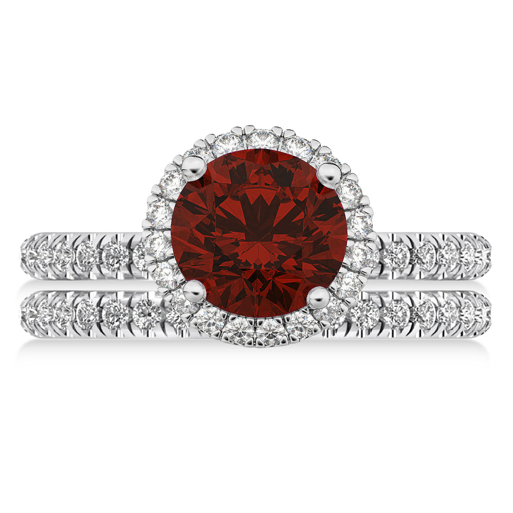 Garnet & Diamond Round-Cut Halo Bridal Set 14K White Gold (3.27ct)