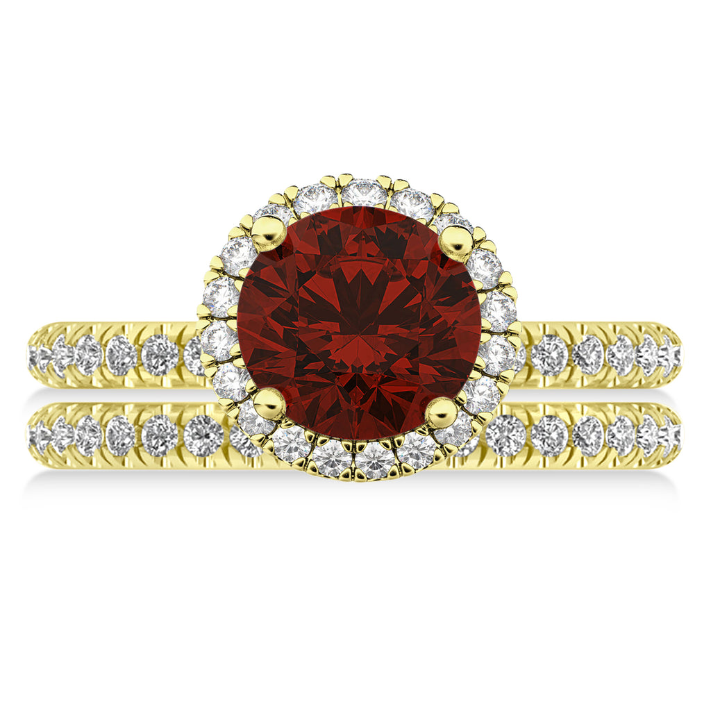 Garnet & Diamond Round-Cut Halo Bridal Set 18K Yellow Gold (3.27ct)