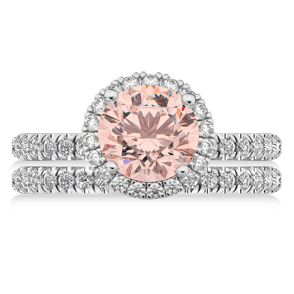 Morganite & Diamond Round-Cut Halo Bridal Set 14K White Gold (2.52ct)