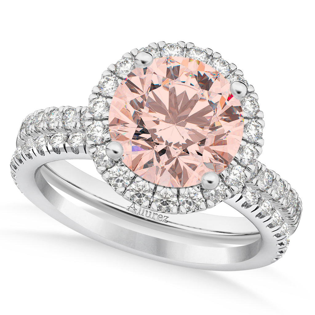 Morganite & Diamond Round-Cut Halo Bridal Set 18K White Gold (2.52ct)