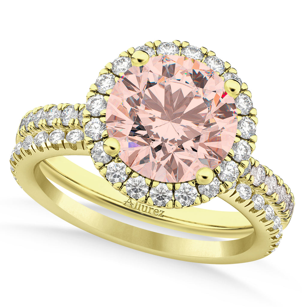 Morganite & Diamond Round-Cut Halo Bridal Set 18K Yellow Gold (2.52ct)