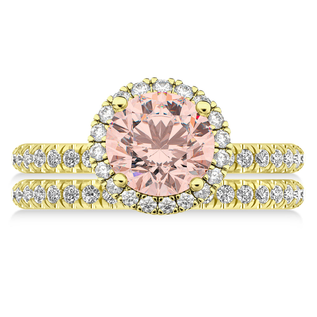 Morganite & Diamond Round-Cut Halo Bridal Set 18K Yellow Gold (2.52ct)