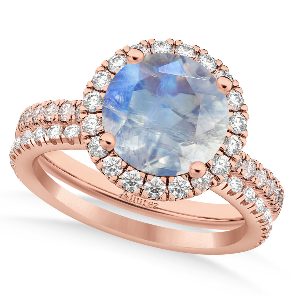 Moonstone & Diamond Round-Cut Halo Bridal Set 14K Rose Gold (3.17ct)