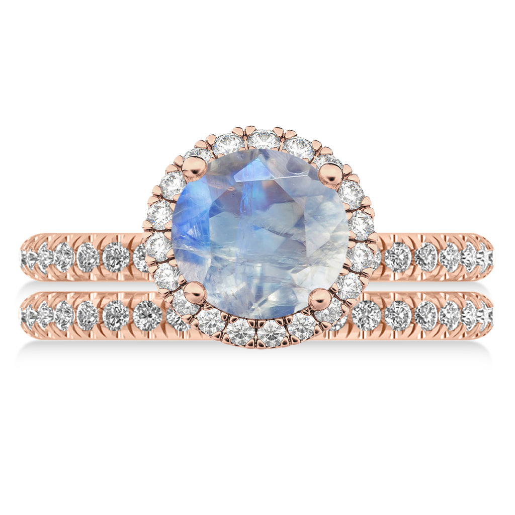 Moonstone & Diamond Round-Cut Halo Bridal Set 14K Rose Gold (3.17ct)