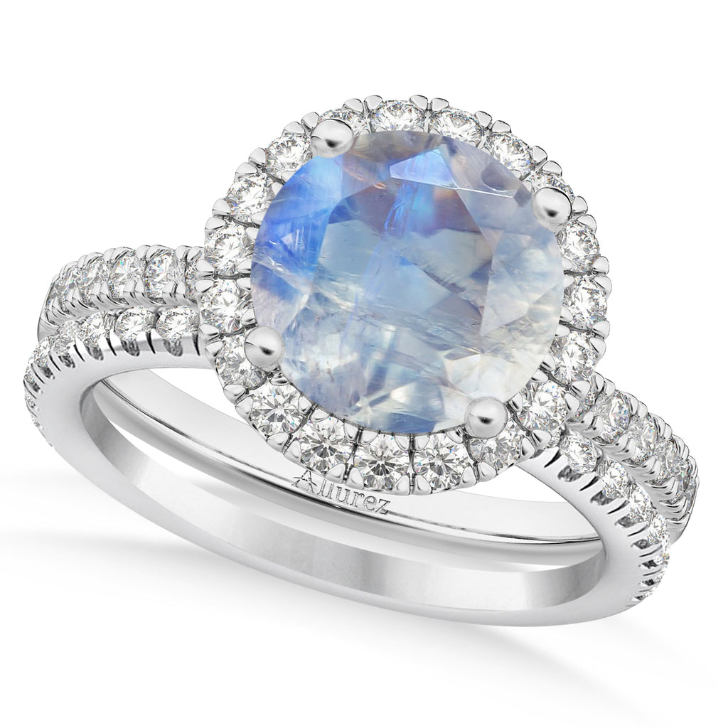 Moonstone & Diamond Round-Cut Halo Bridal Set 18K White Gold (3.17ct)