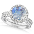 Moonstone & Diamond Round-Cut Halo Bridal Set 18K White Gold (3.17ct)
