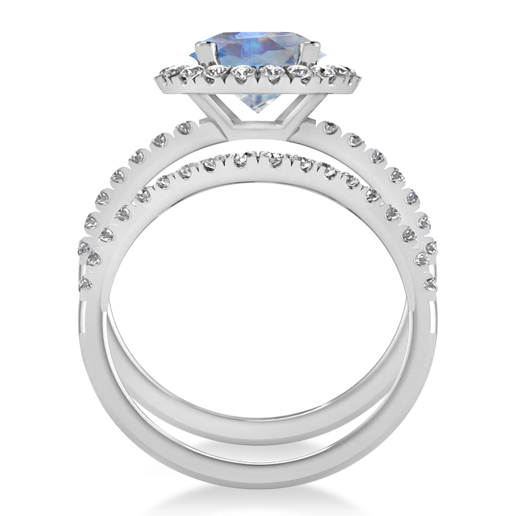 Moonstone & Diamond Round-Cut Halo Bridal Set 18K White Gold (3.17ct)