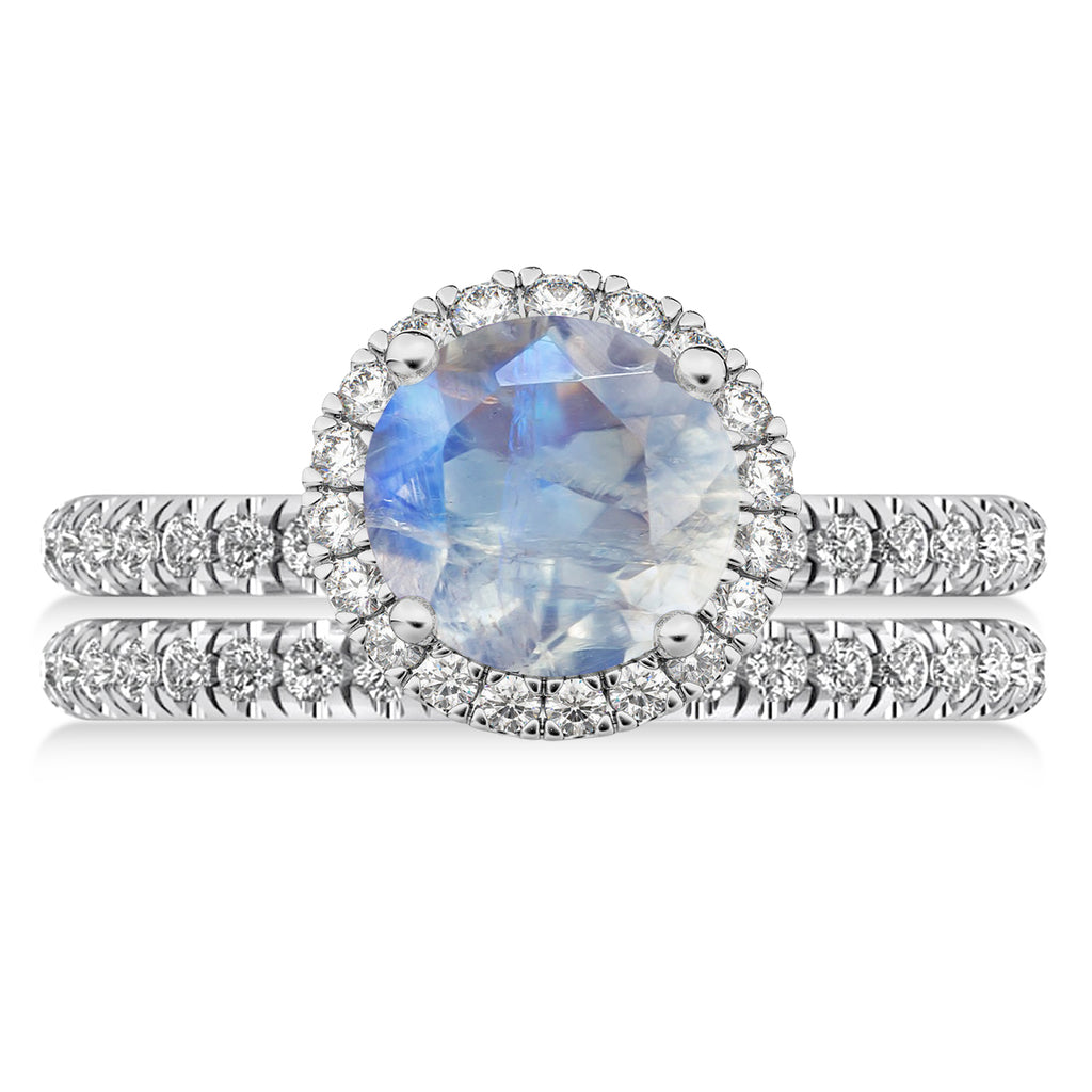 Moonstone & Diamond Round-Cut Halo Bridal Set 18K White Gold (3.17ct)