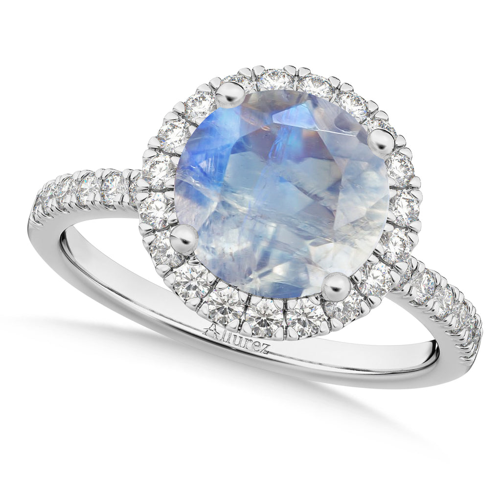 Moonstone & Diamond Round-Cut Halo Bridal Set 18K White Gold (3.17ct)