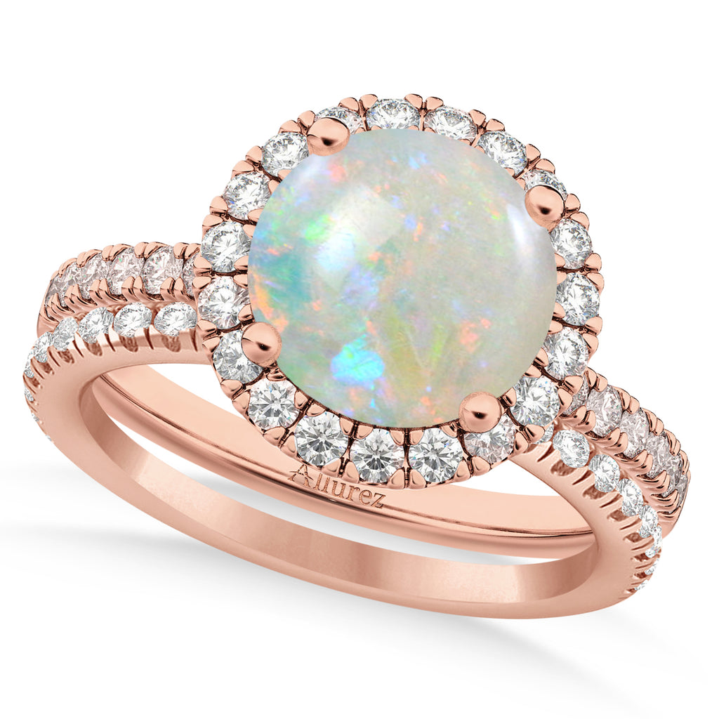 Opal & Diamond Round-Cut Halo Bridal Set 14K Rose Gold (2.07ct)