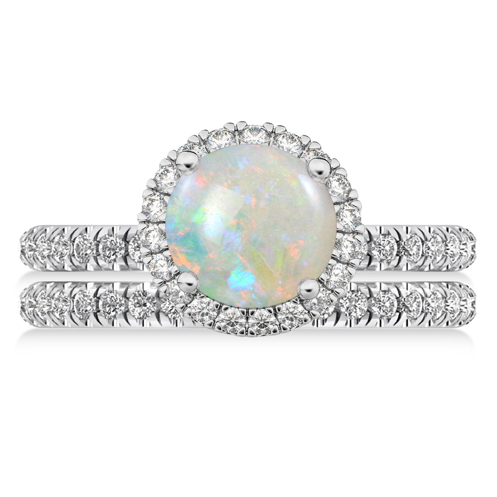 Opal & Diamond Round-Cut Halo Bridal Set 14K White Gold (2.07ct)