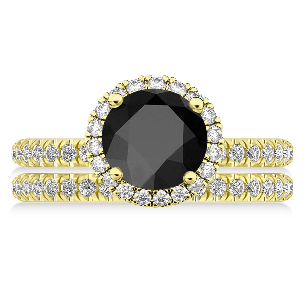 Onyx & Diamond Round-Cut Halo Bridal Set 18K Yellow Gold (3.17ct)