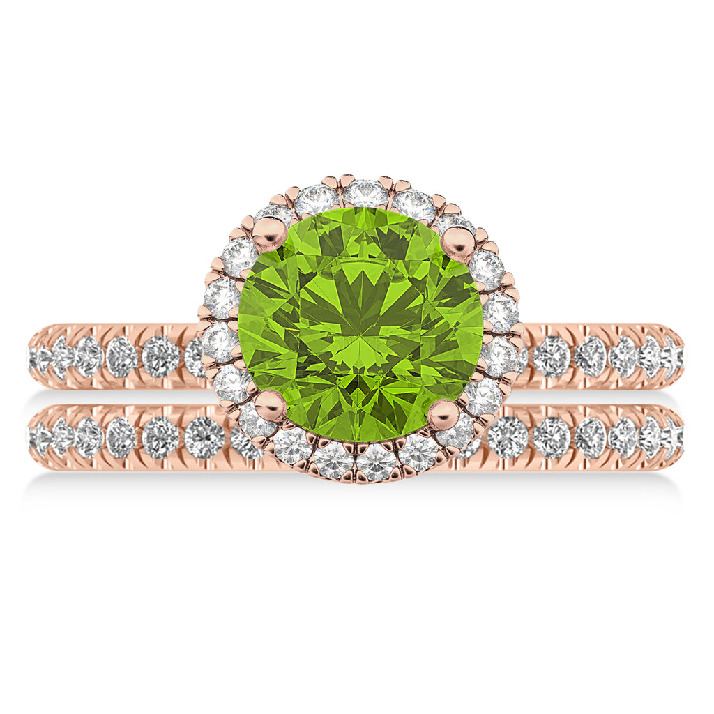 Peridot & Diamond Round-Cut Halo Bridal Set 14K Rose Gold (2.77ct)