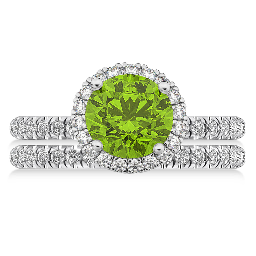 Peridot & Diamond Round-Cut Halo Bridal Set 14K White Gold (2.77ct)