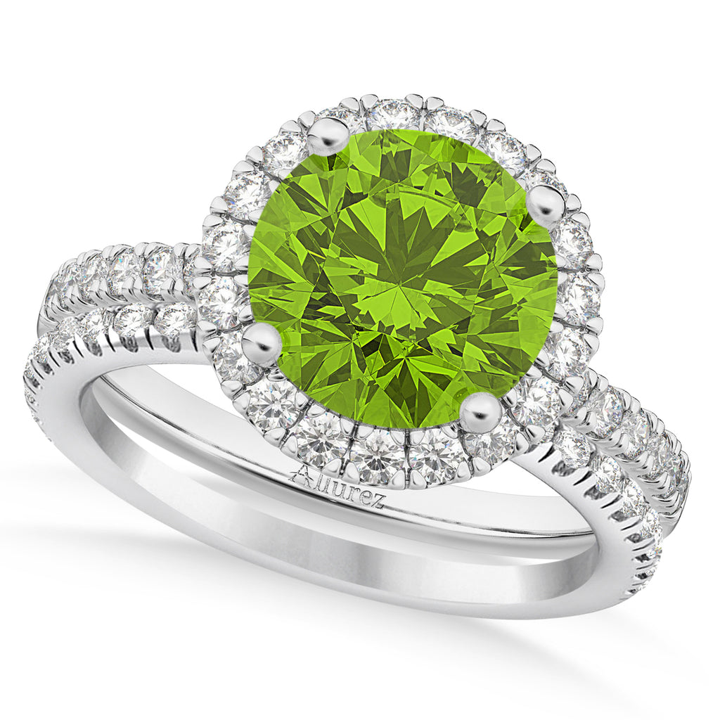Peridot & Diamond Round-Cut Halo Bridal Set 18K White Gold (2.77ct)