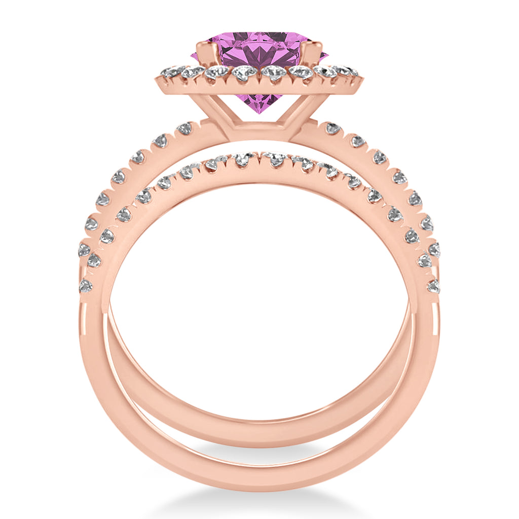 Pink Sapphire & Diamond Round-Cut Halo Bridal Set 14K Rose Gold (3.07ct)