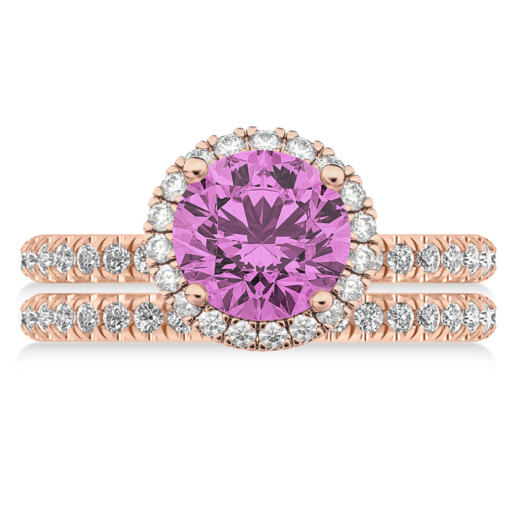 Pink Sapphire & Diamond Round-Cut Halo Bridal Set 14K Rose Gold (3.07ct)