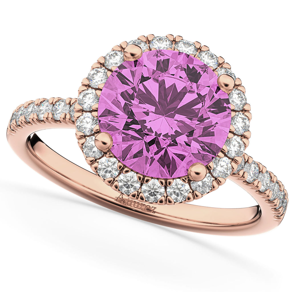 Pink Sapphire & Diamond Round-Cut Halo Bridal Set 14K Rose Gold (3.07ct)