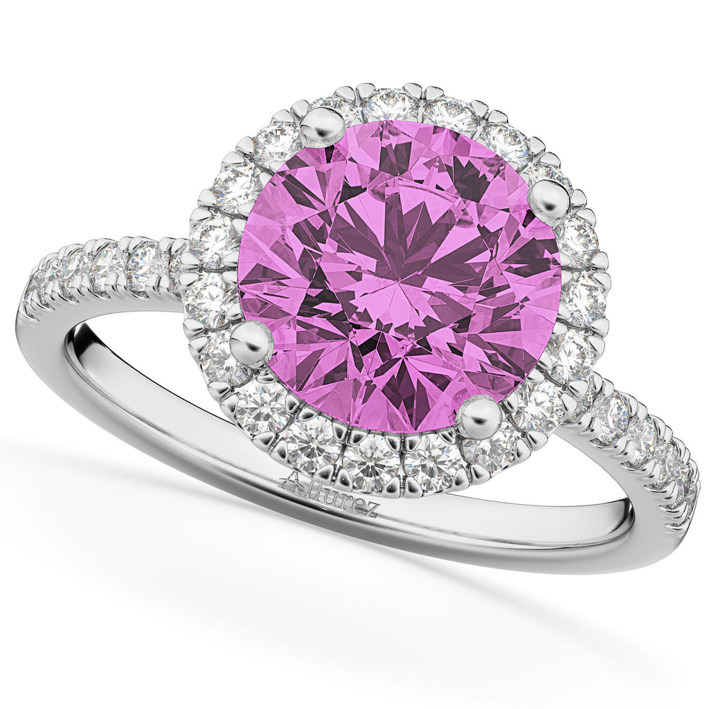 Pink Sapphire & Diamond Round-Cut Halo Bridal Set 14K White Gold (3.07ct)