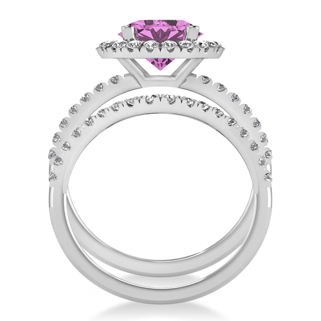 Pink Sapphire & Diamond Round-Cut Halo Bridal Set 18K White Gold (3.07ct)