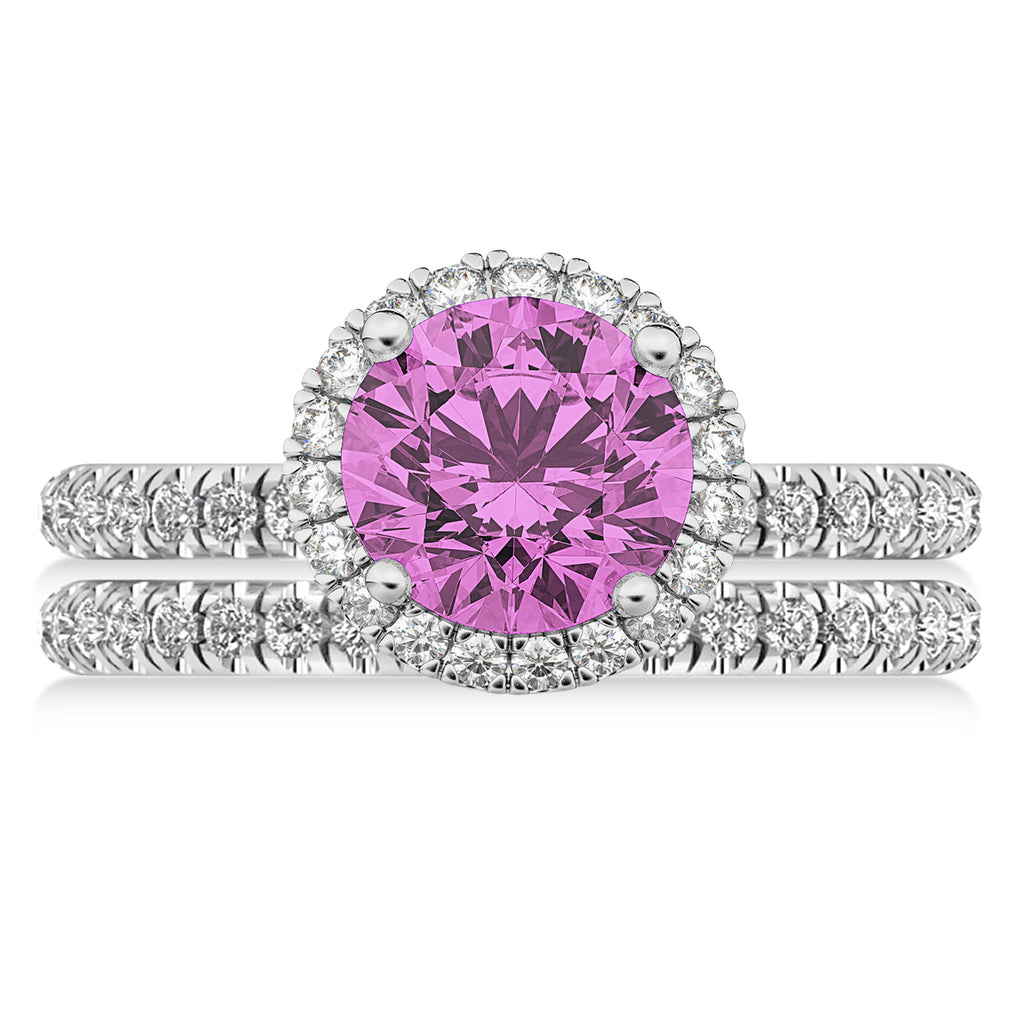 Pink Sapphire & Diamond Round-Cut Halo Bridal Set 18K White Gold (3.07ct)