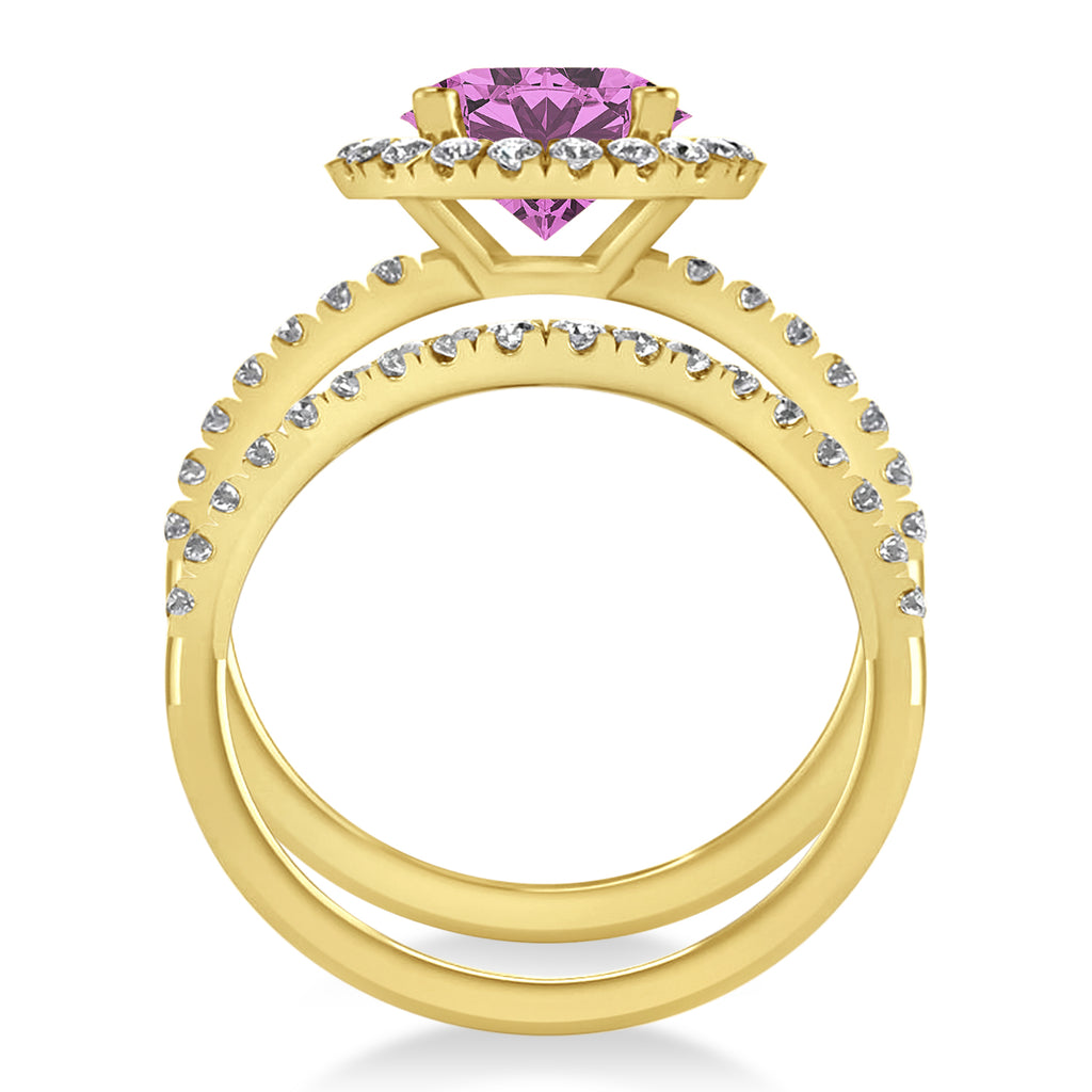 Pink Sapphire & Diamond Round-Cut Halo Bridal Set 18K Yellow Gold (3.07ct)