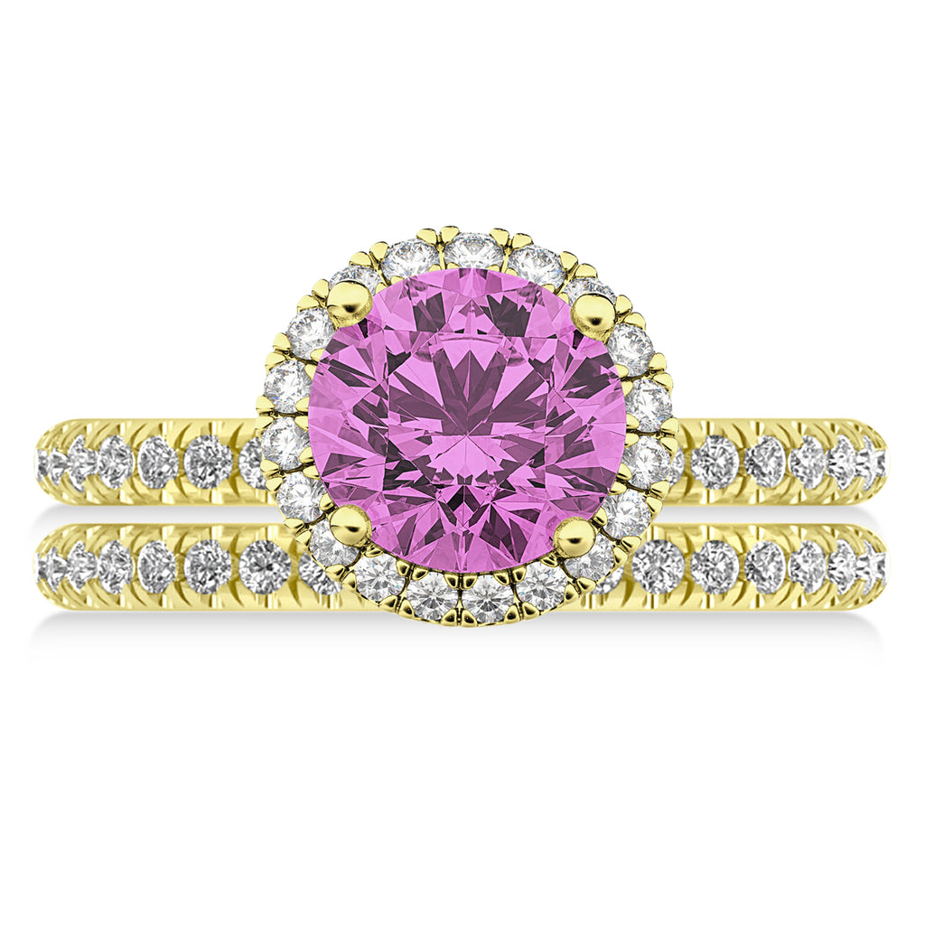 Pink Sapphire & Diamond Round-Cut Halo Bridal Set 18K Yellow Gold (3.07ct)