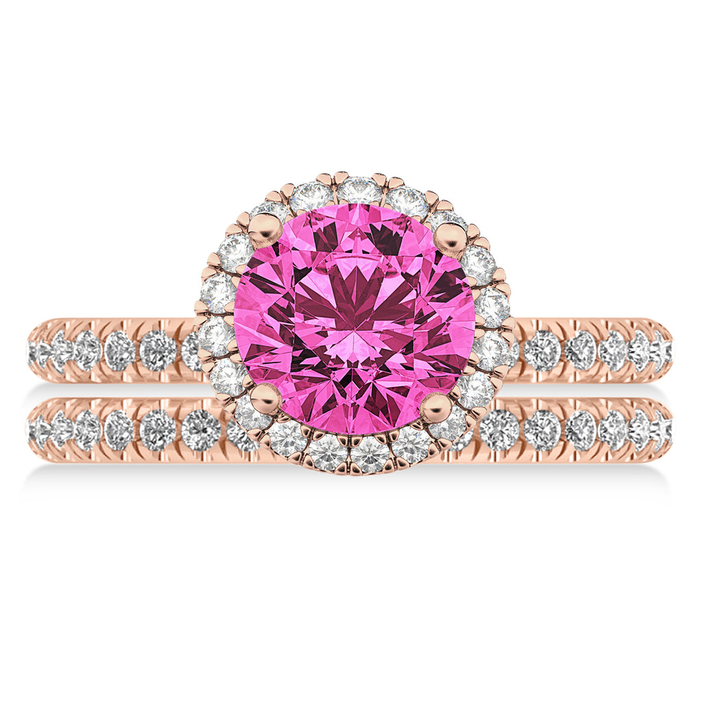 Pink Tourmaline & Diamond Round-Cut Halo Bridal Set 14K Rose Gold (2.77ct)