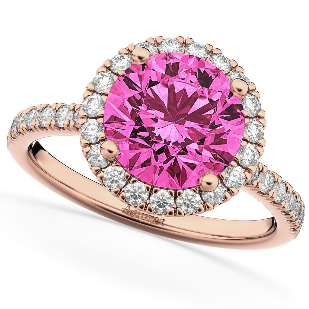 Pink Tourmaline & Diamond Round-Cut Halo Bridal Set 14K Rose Gold (2.77ct)