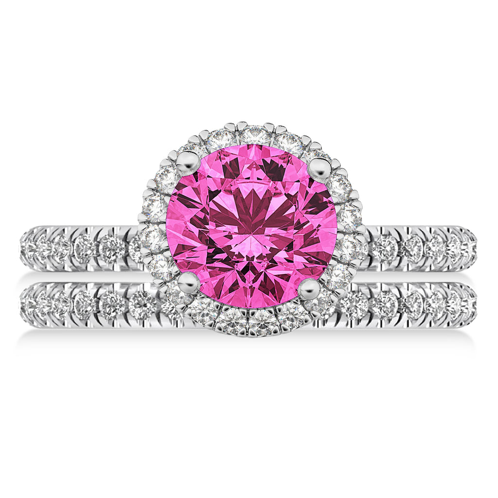 Pink Tourmaline & Diamond Round-Cut Halo Bridal Set 14K White Gold (2.77ct)